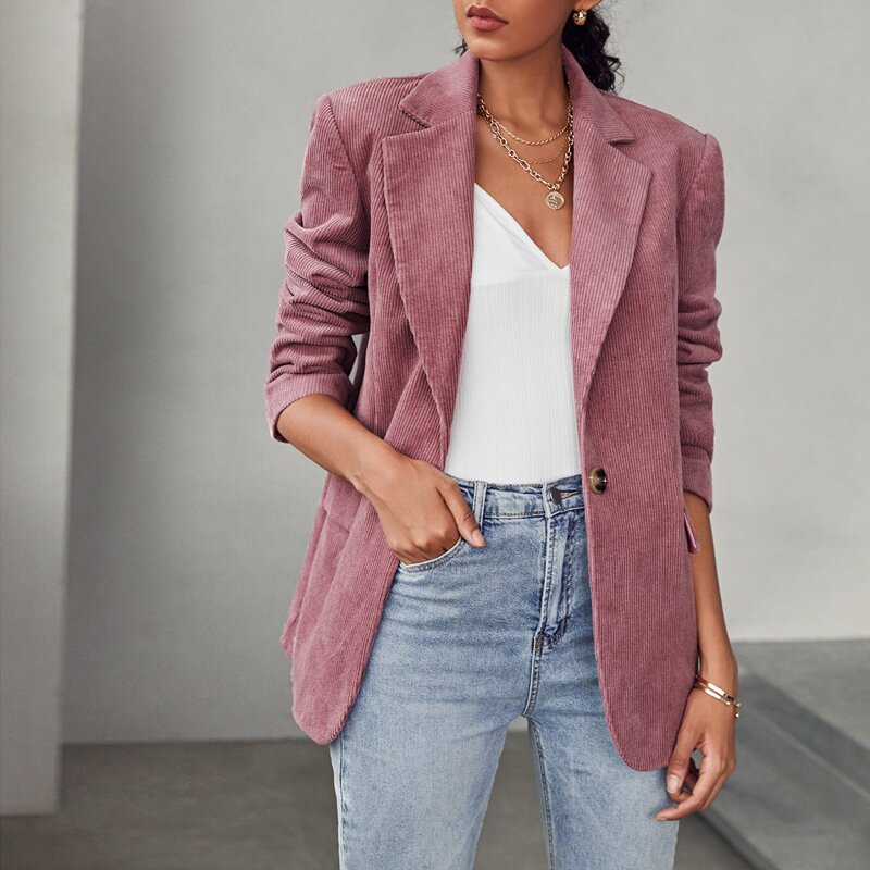 

Notch Collar Flap Detail Cord Blazer, Dusty pink