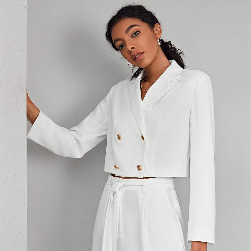 

Peak Collar Double Breasted Placket Crop Blazer, White
