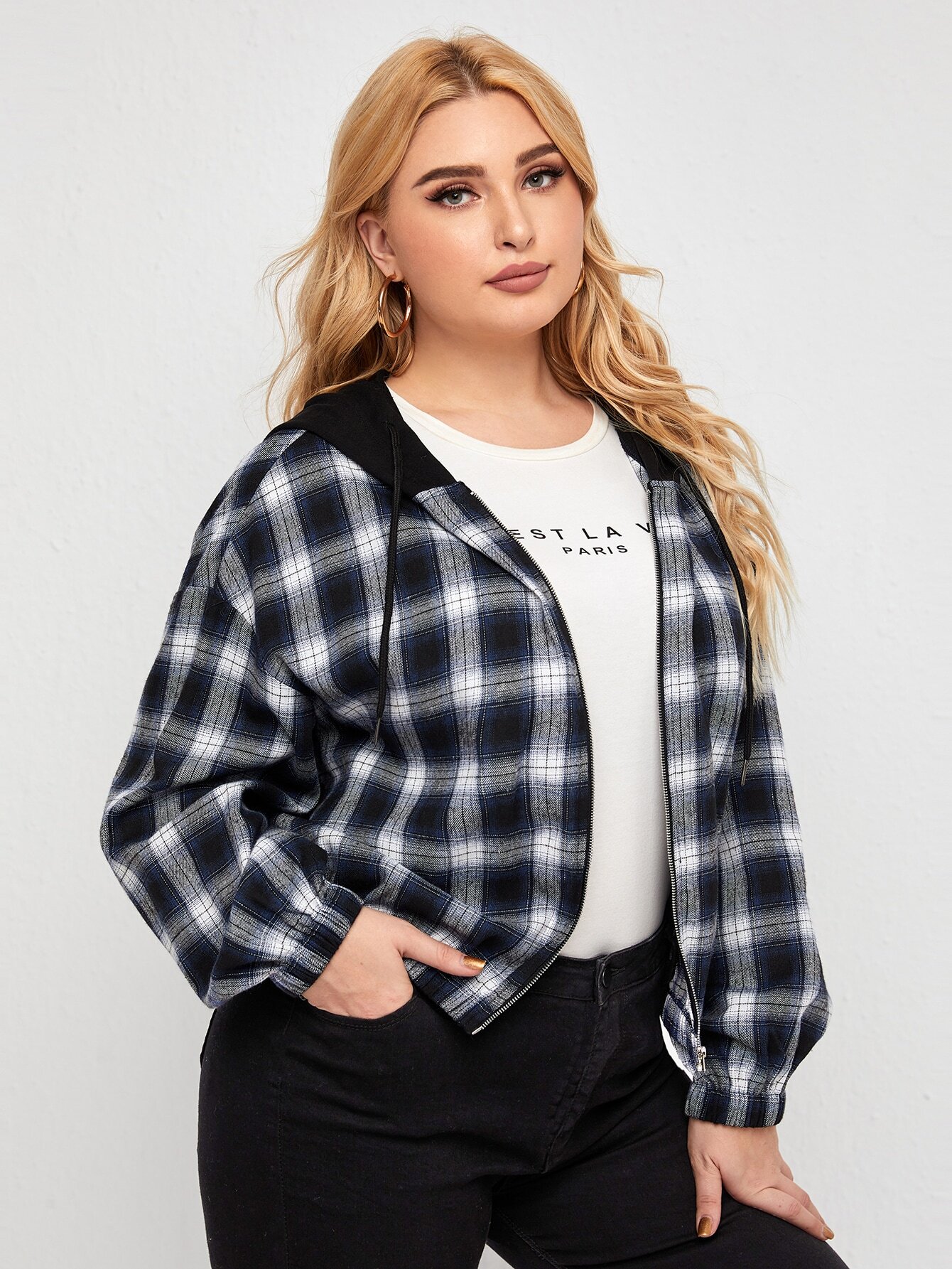 Plus Contrast Drawstring Hooded Tartan Jacket thumbnail