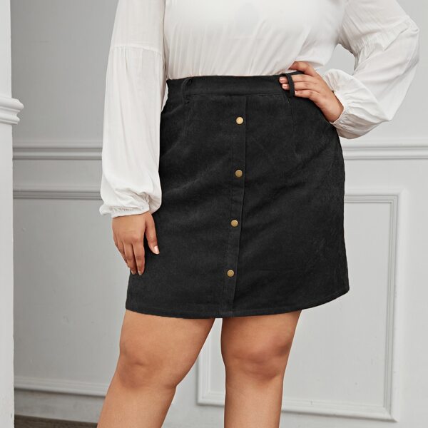 

Plus Button Front Cord Skirt, Black