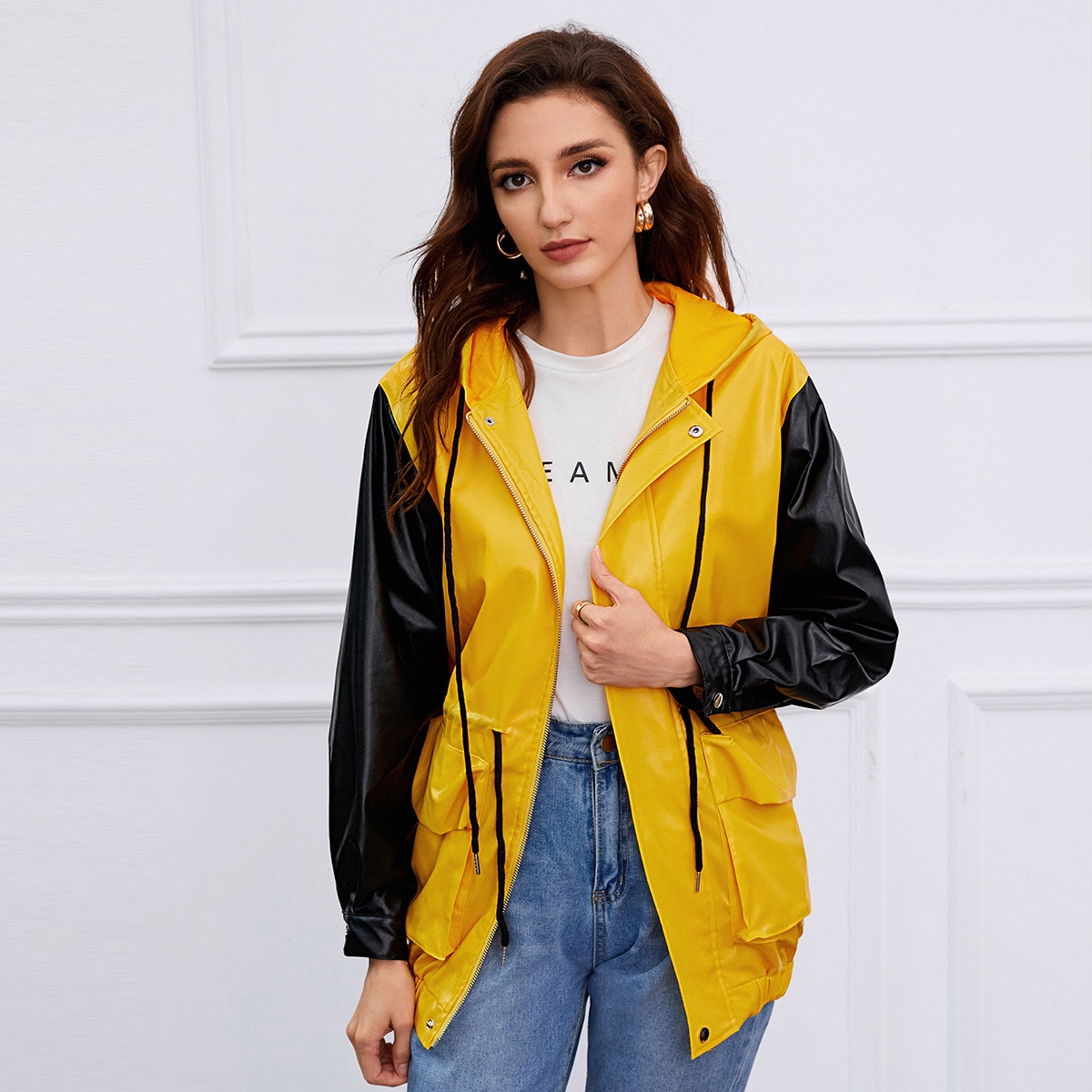 Image of Flap Pocket Drawstring Zip Up Colourblock PU Leather Jacket