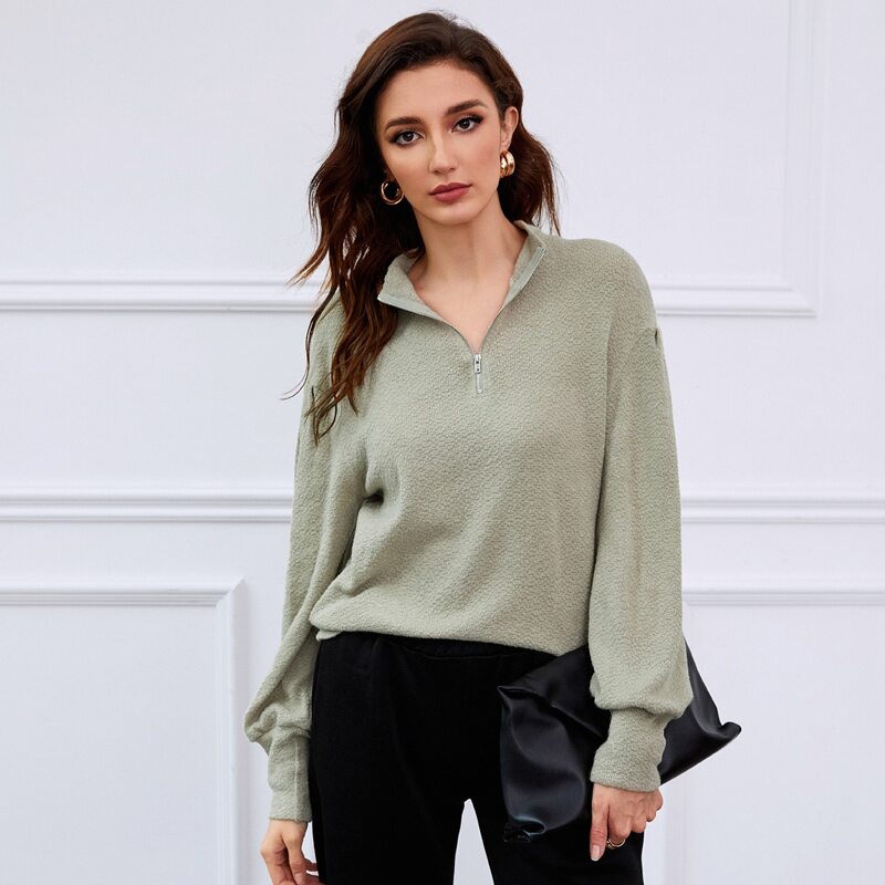 

Drop Shoulder Zip Half Placket Pullover, Pastel mint green