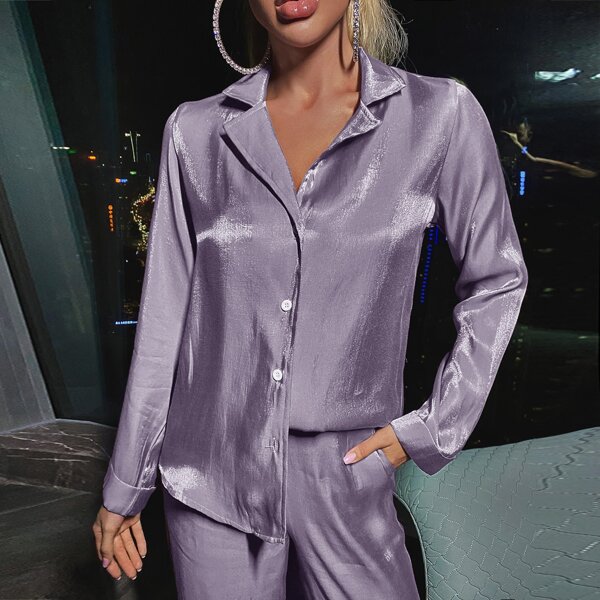 

Lapel Collar Satin Button Front Blouse, Lilac purple