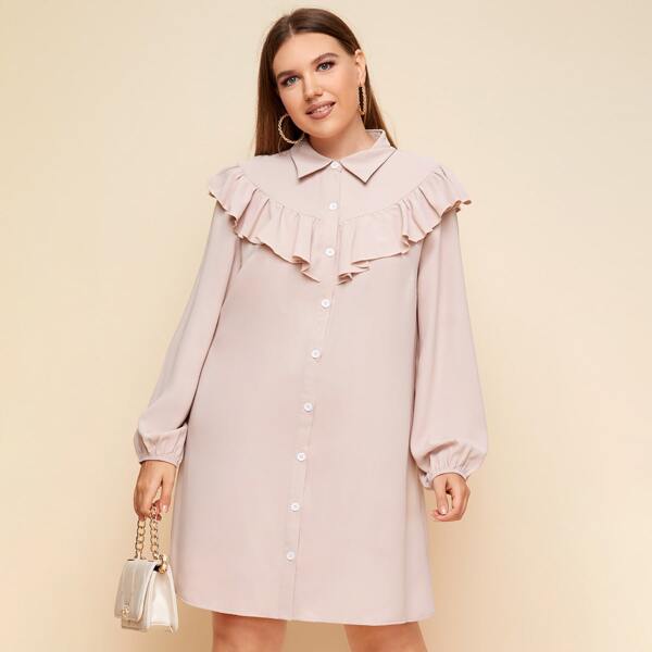 

Plus Button Front Ruffle Trim Bishop Sleeve Dress, Baby pink