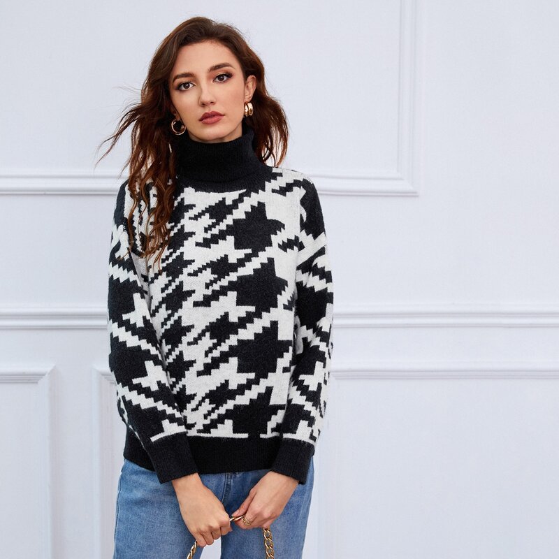 

Drop Shoulder High Neck Houndstooth Sweater, Black and white