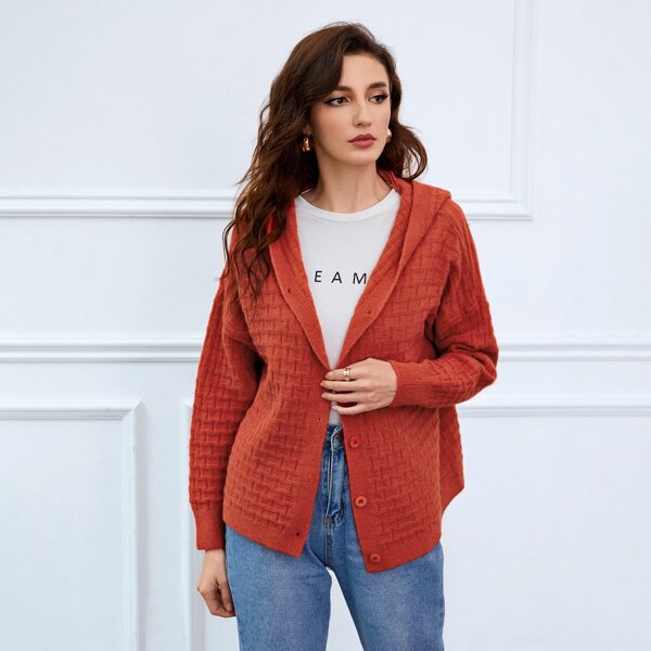 

Button Front Hooded Textured Knit Oversized Cardigan, Burnt orange