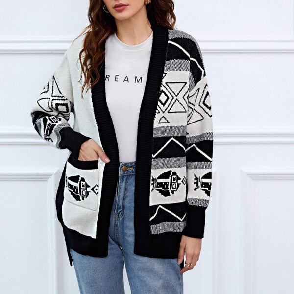 

Open Front Drop Shoulder Geo Pattern Cardigan, Black and white