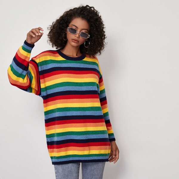 

Drop Shoulder Rainbow Striped Sweater, Multicolor