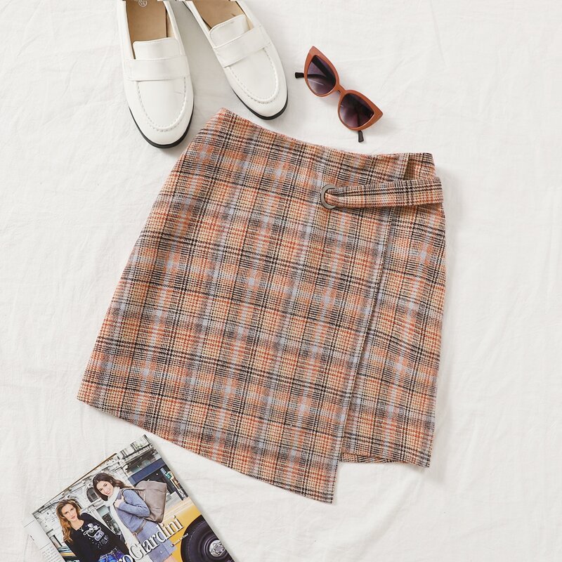 

Zip Back Plaid Tweed Asymmetrical Skirt, Multicolor