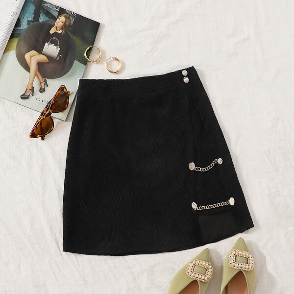 

Chain Detail Asymmetrical Hem Cord Skirt, Black