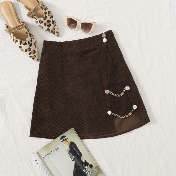 

Chain Detail Asymmetrical Hem Cord Skirt, Chocolate brown