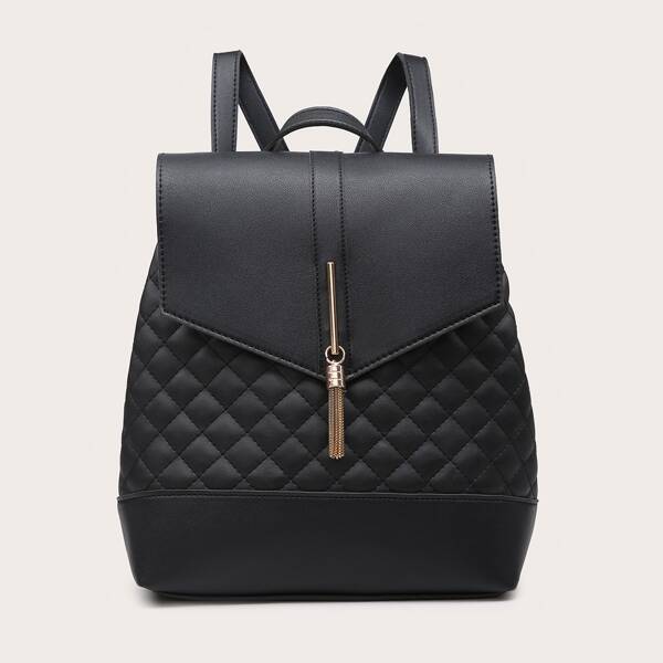 

Metal Tassel Charm Quilted Flap Backpack, Black