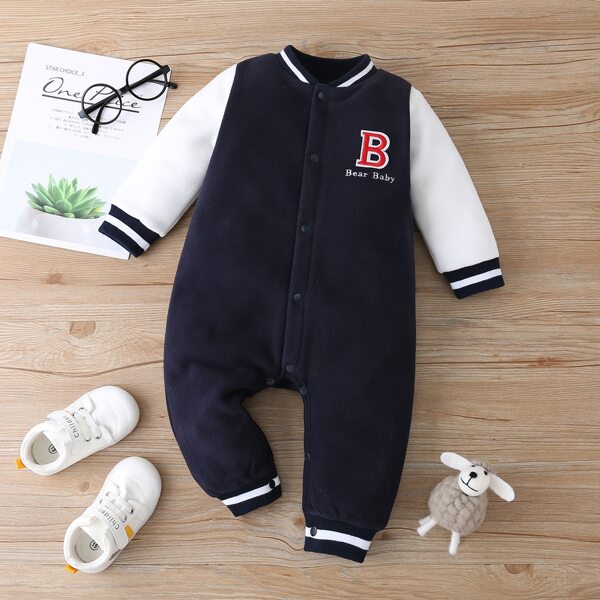 

Baby Boy Letter Graphic Popper Baseball Collar Jumpsuit, Blue and white