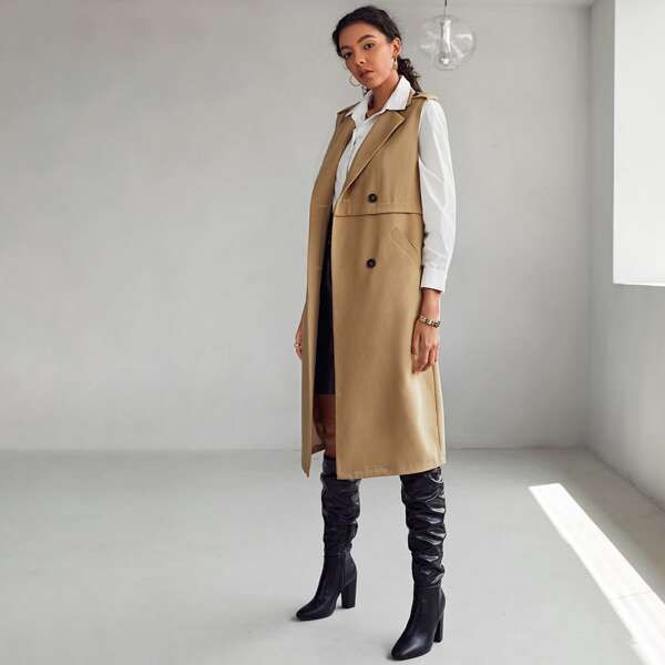 

Double Breasted Pocket Front Vest Blazer, Camel