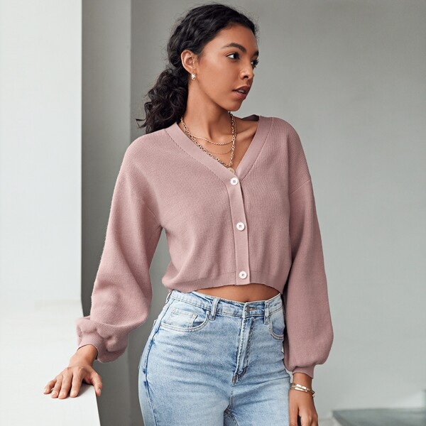 

Drop Shoulder Buttoned Front Cardigan, Dusty pink