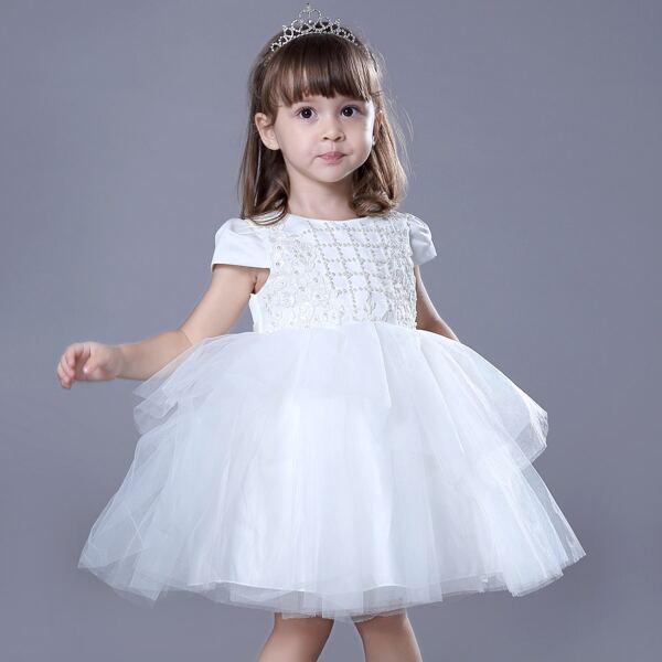 

Baby Girl Contrast Mesh Pearls Beaded Tie Back Bodice Gown Dress, White