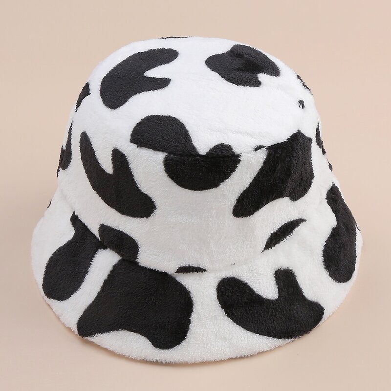 

Cow Print Fluffy Bucket Hat, Black and white