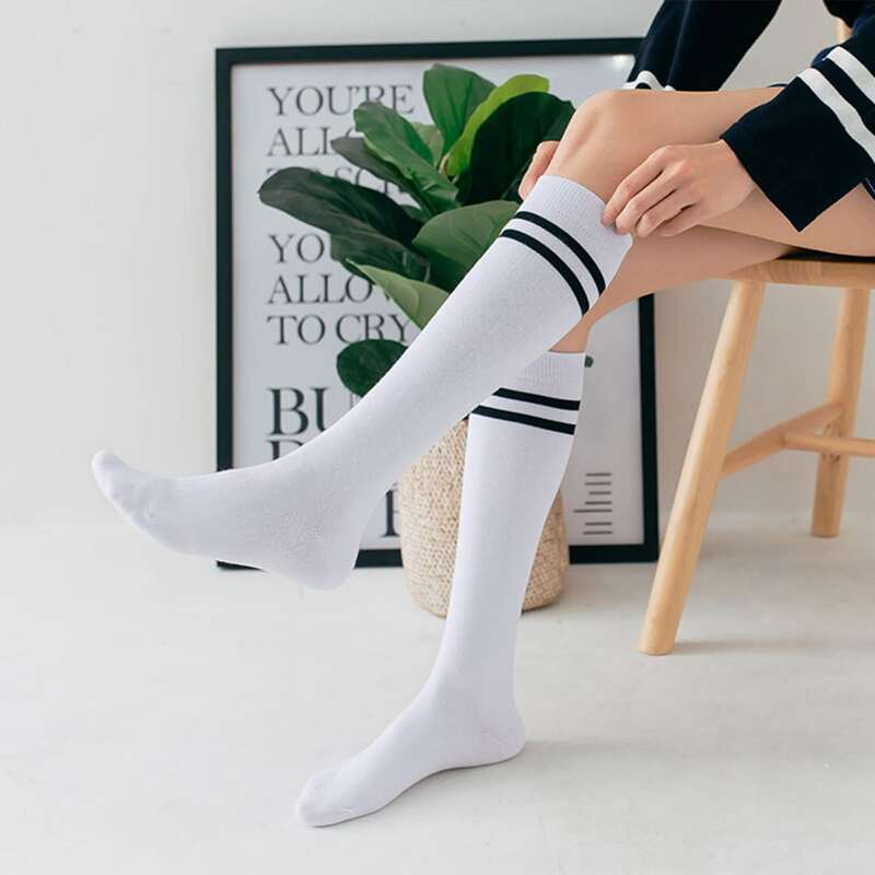 

Striped Knee High Socks, White