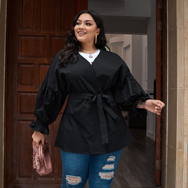 

Plus Flounce Sleeve Belted Wrap Coat, Black