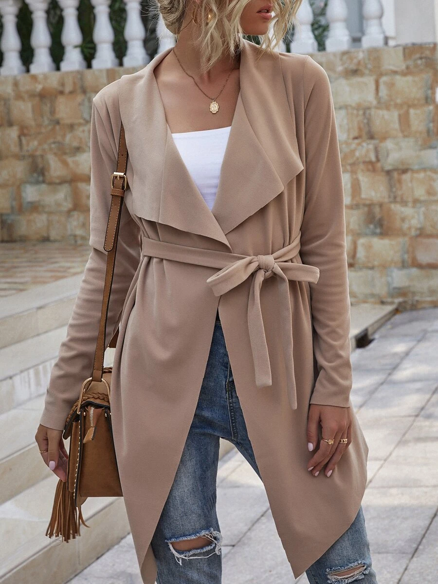 Suedette Waterfall Collar Belted Coat - Apricot - View 1