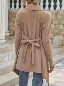 Suedette Waterfall Collar Belted Coat - Apricot - View 2