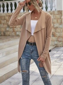 Suedette Waterfall Collar Belted Coat - Apricot - View 3