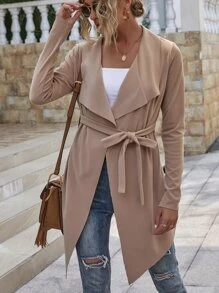 Suedette Waterfall Collar Belted Coat - Apricot - View 4