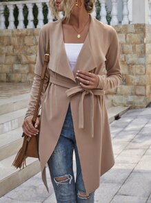 Suedette Waterfall Collar Belted Coat - Apricot - View 5