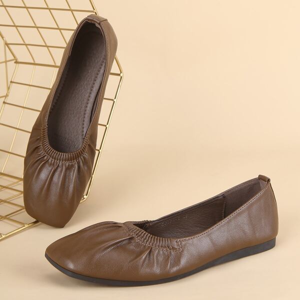 

Square Toe Ruched Ballet Flats, Brown