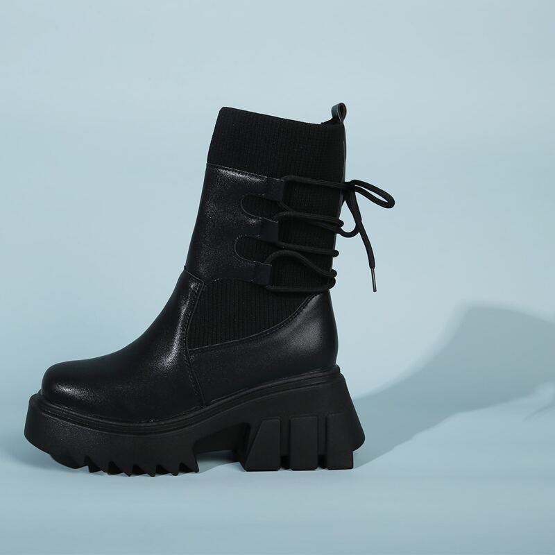 

Round Toe Lace Up Back Boots, Black