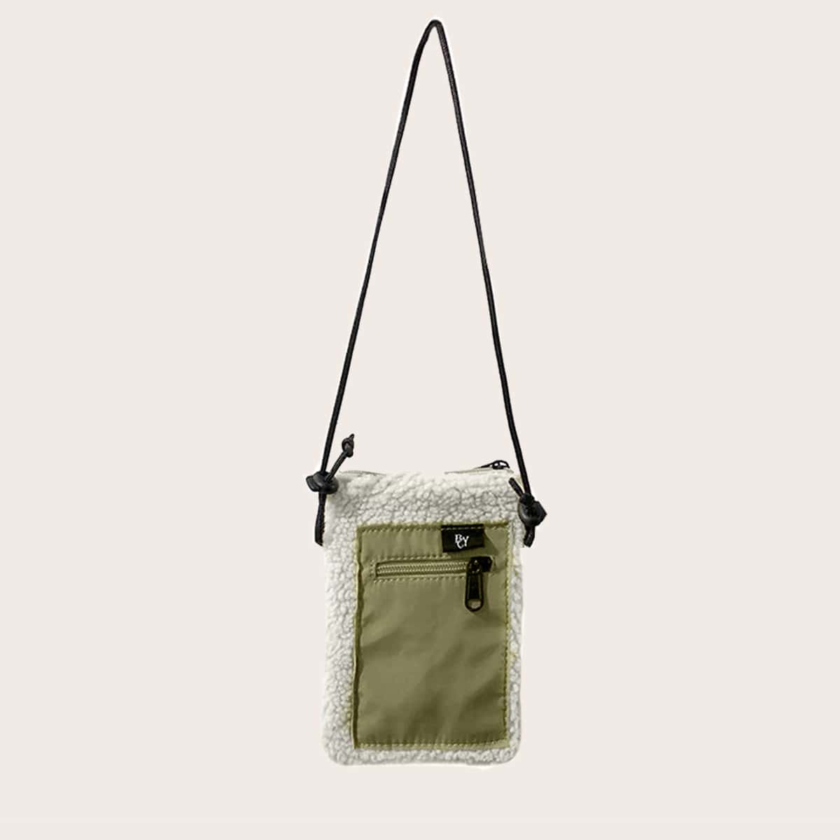 

Zip Front Faux Shearling Panel Crossbody Bag, Green