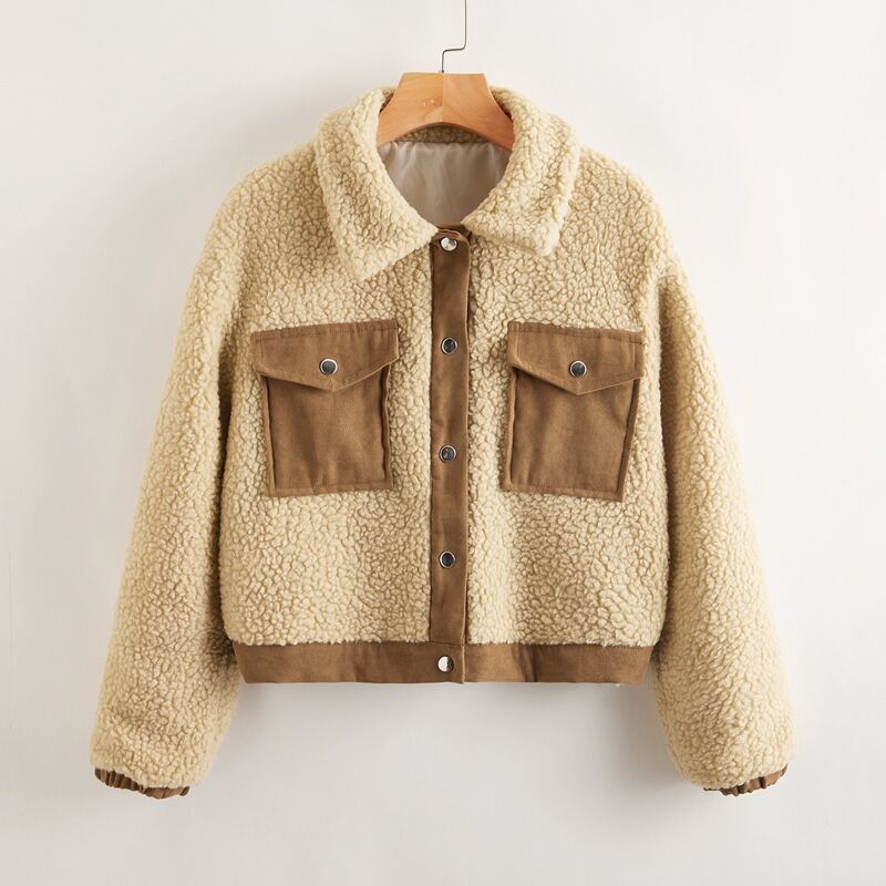 

Button Front Pocket Teddy Jacket, Multicolor