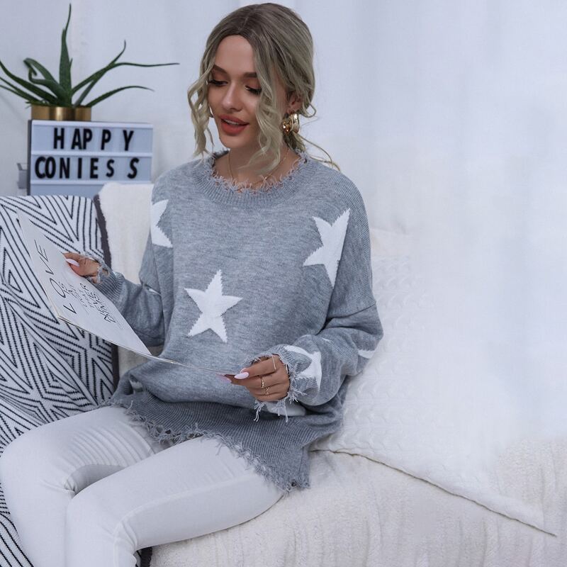 

Drop Shoulder Distressed Star Sweater, Grey