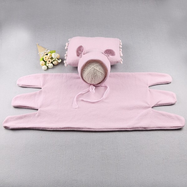 

Newborn Girl Wrap Blanket With 3D Ear Patched Hat With Pillow Photo Outfit, Baby pink