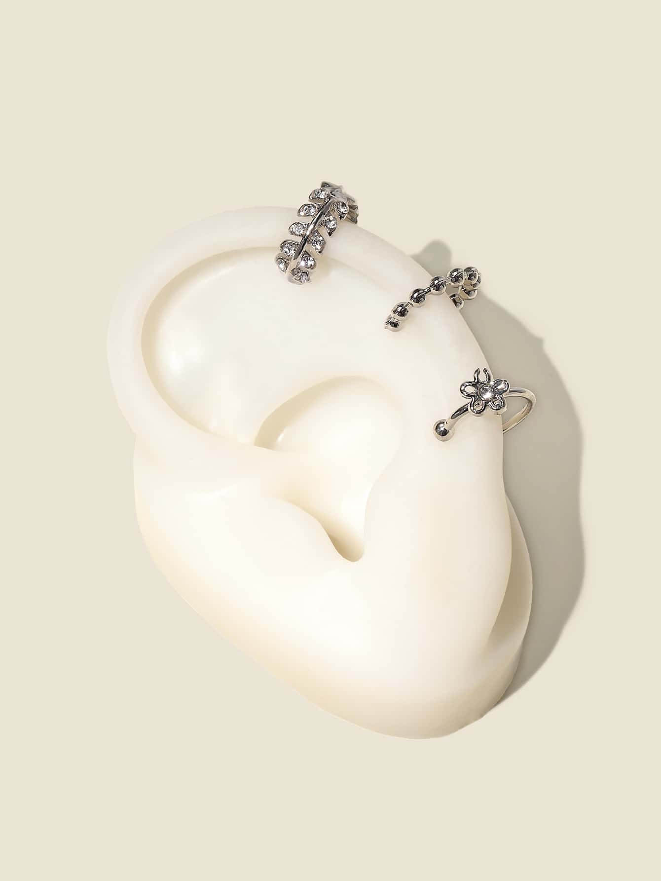 3 cái Rhinestone Hoa Trang Trí Tai Cuff - Bạc - Xem 1