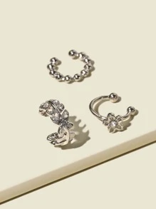 3 cái Rhinestone Hoa Trang Trí Tai Cuff - Bạc - Xem 2