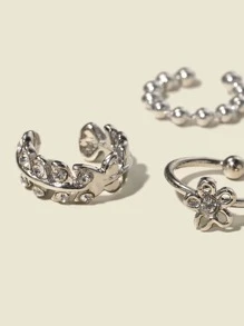 3 cái Rhinestone Hoa Trang Trí Tai Cuff - Bạc - Xem 3