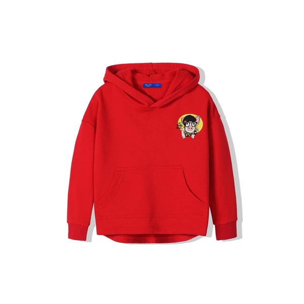 

Girls Pig Embroidery Kangaroo Pocket Hoodie, Red