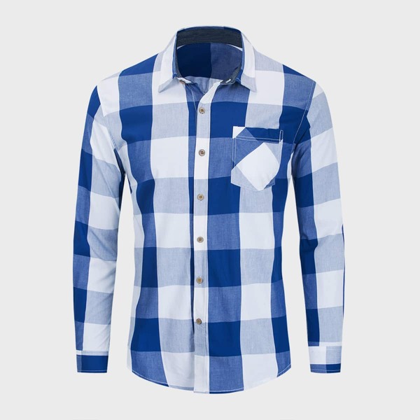 

Men Buffalo Plaid Button Through Shirt, Blue and white