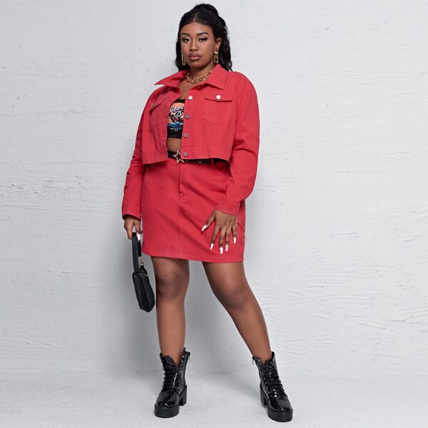 

Plus Denim Flap Pocket Jacket & Skirt, Rose red