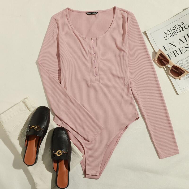 

Button Front Rib-knit Bodysuit, Pastel baby pink