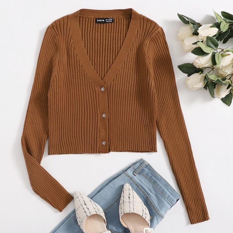 

Button Front Rib-knit Crop Cardigan, Coffee brown