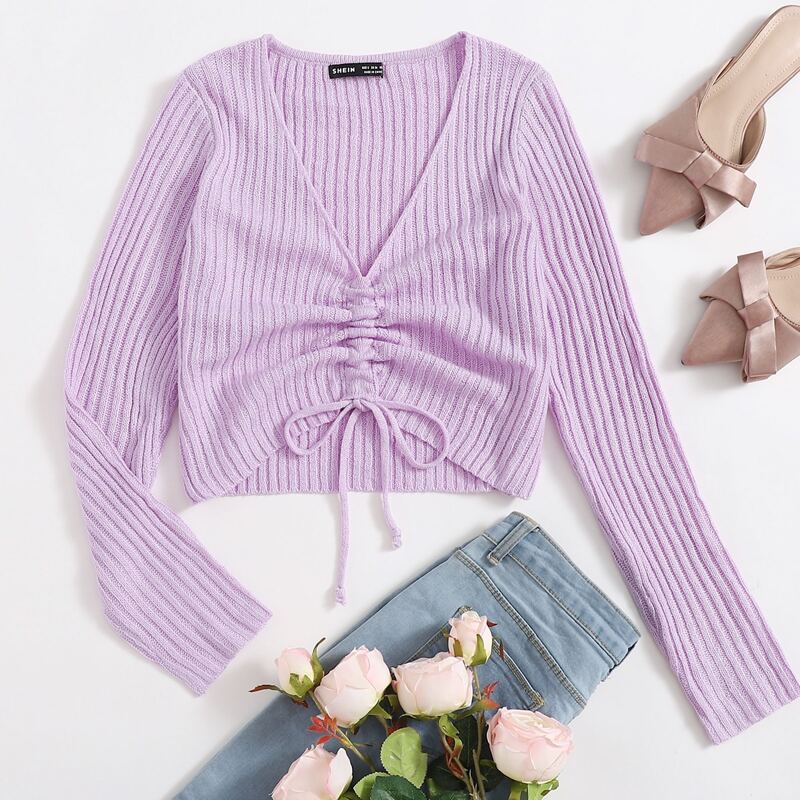 

Ruched Drawstring Knot Rib-knit Crop Sweater, Lilac purple