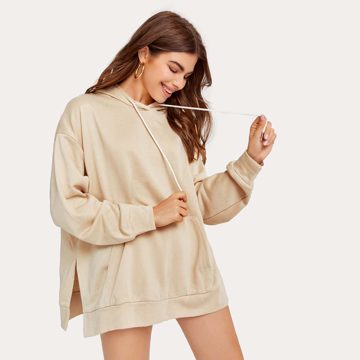 

Kangaroo Pocket Slit Hem Drawstring Oversized Hoodie, Khaki
