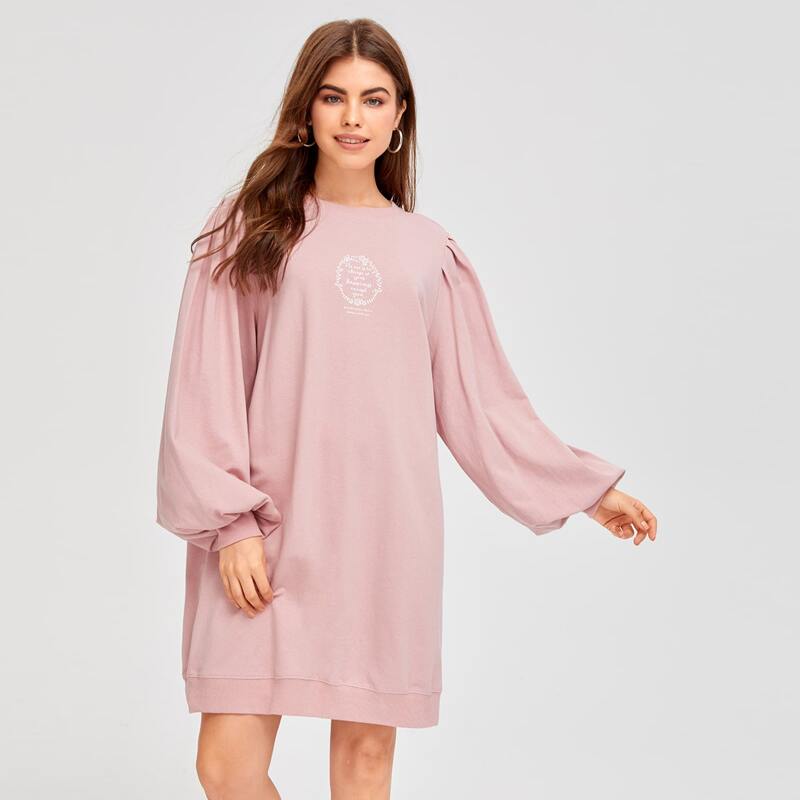 

Lantern Sleeve Slogan Graphic Sweatshirt Dress, Pastel dusty pink