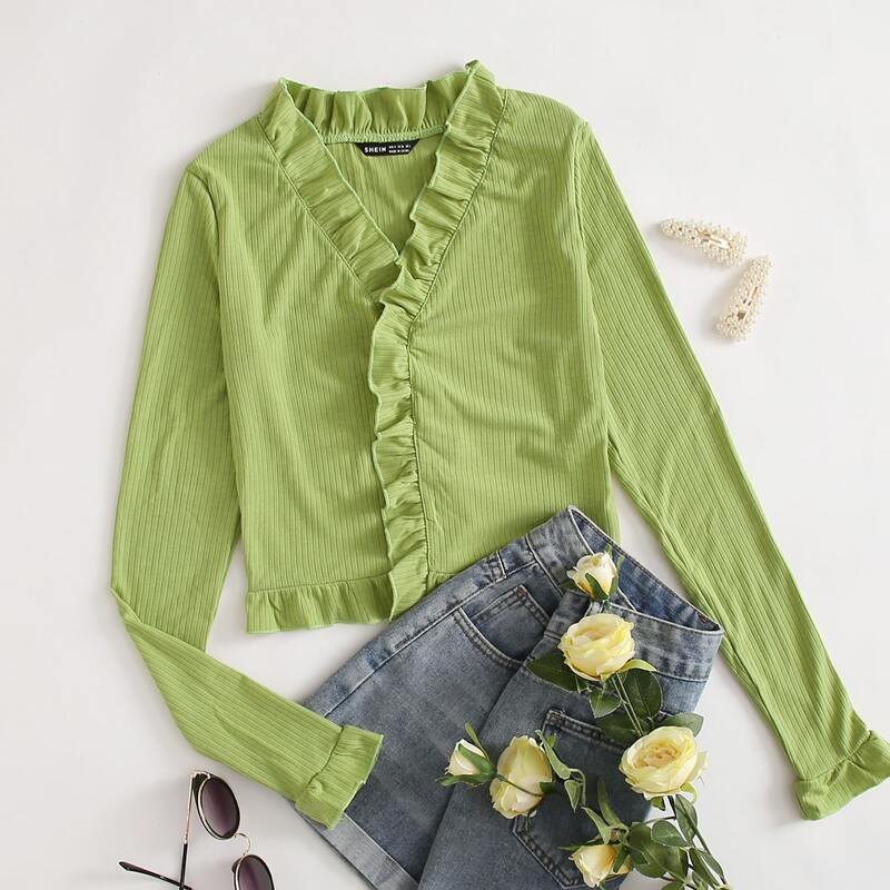 

Ruffle Rib-Knit Crop Top, Lime green