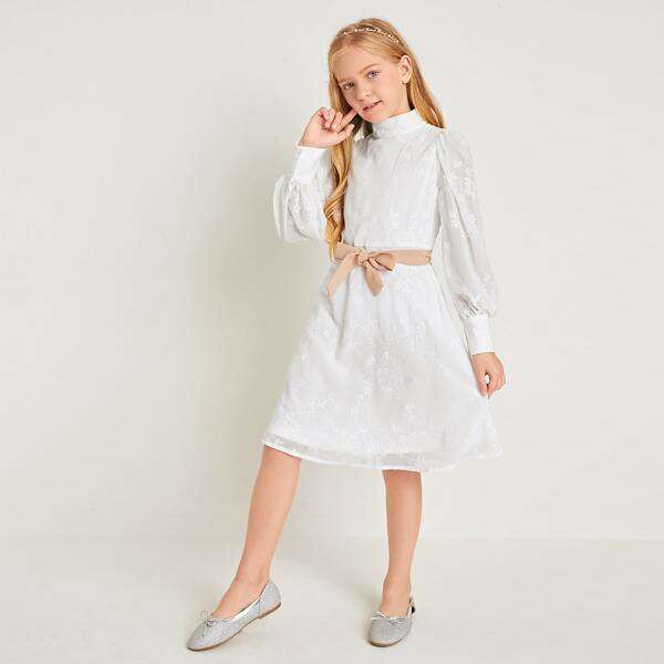 

Girls Floral Embroidery Belted Dress, White