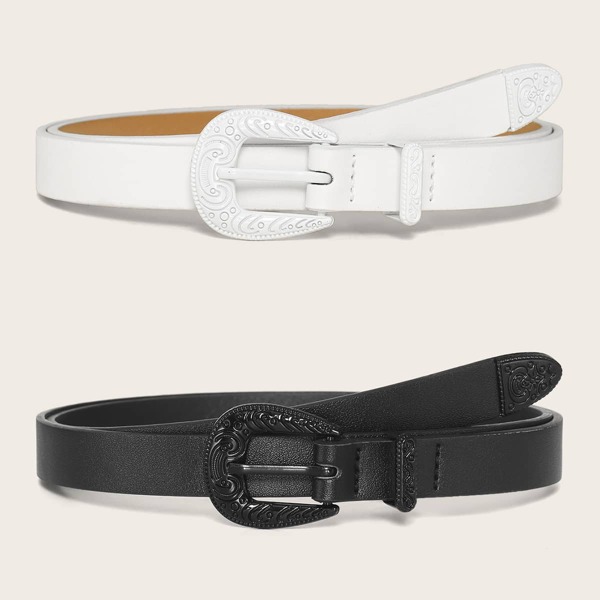 

2pcs Carved Buckle Belt, Black and white