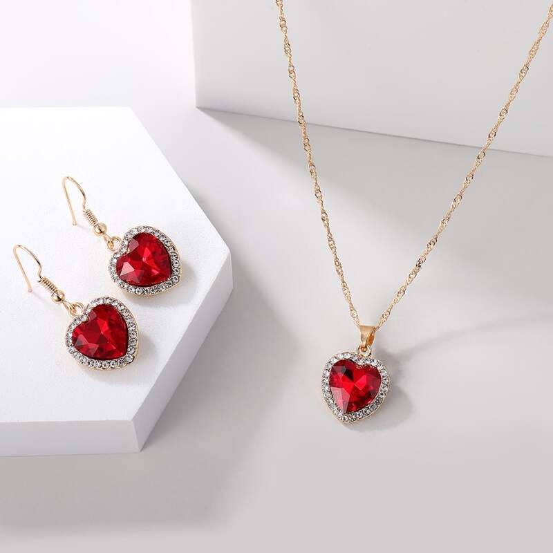 

1pc Gemstone Heart Pendant Necklace & 1pair Earrings, Red