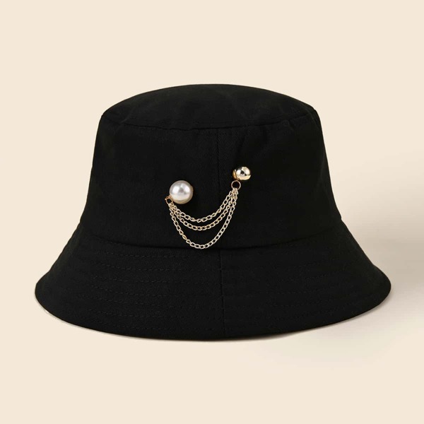 

Faux Pearl Chain Decor Bucket Hat, Black